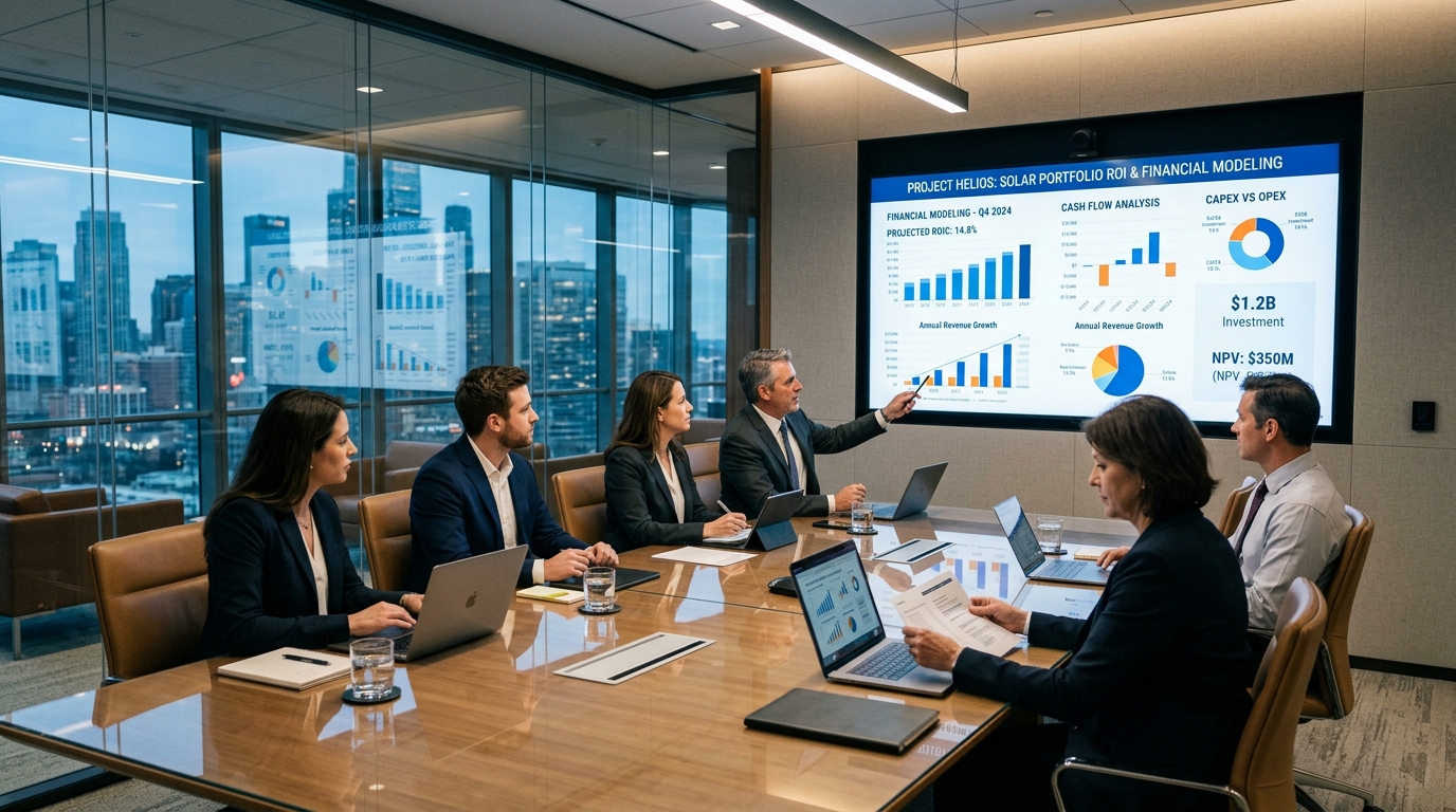 Corporate meeting with financial charts