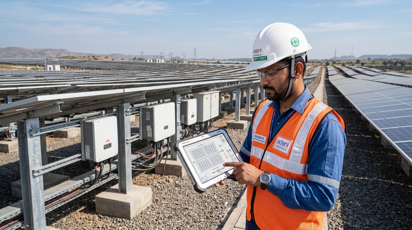 Engineer reviewing solar layouts on a tablet