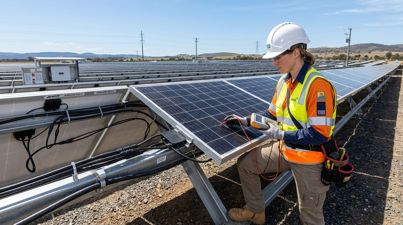 Engineer cleaning or inspecting panels